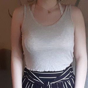 Beige Ribbed Lettuce Trim Tank Top